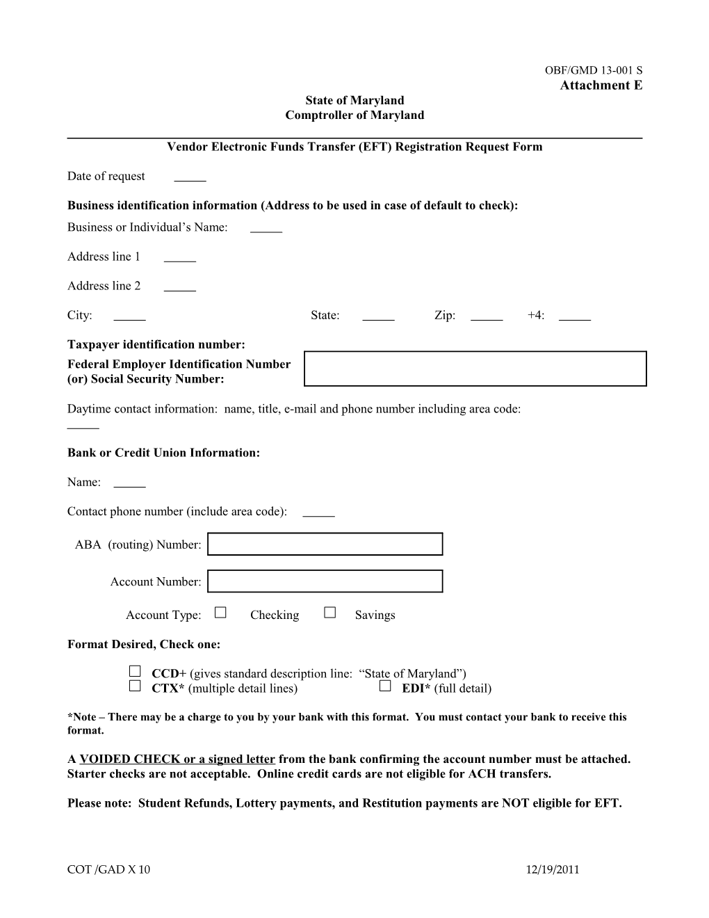 Vendor Electronic Funds Transfer (EFT) Registration Request Form