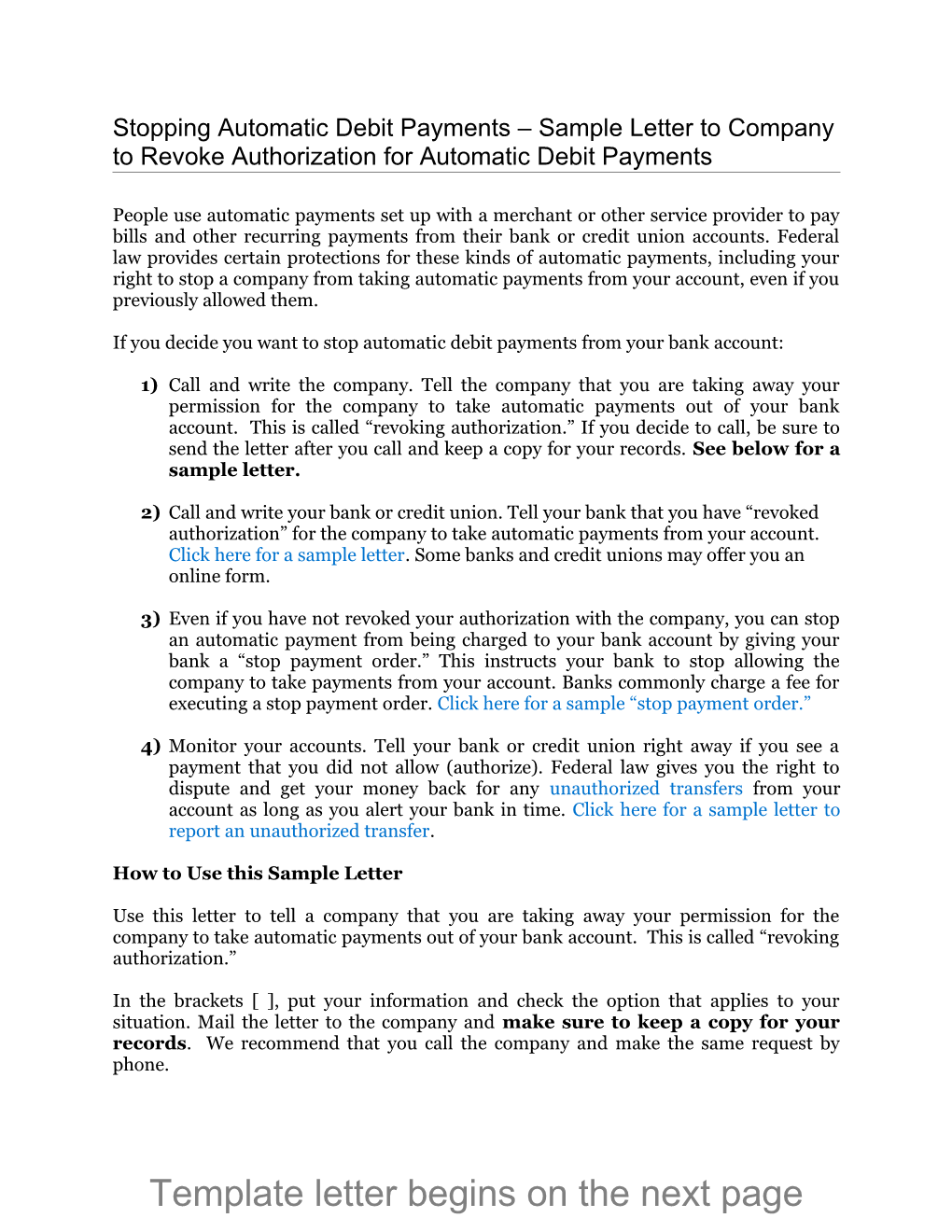 Stopping Automatic Debit Payments Sample Letter to Company to Revoke Authorization For