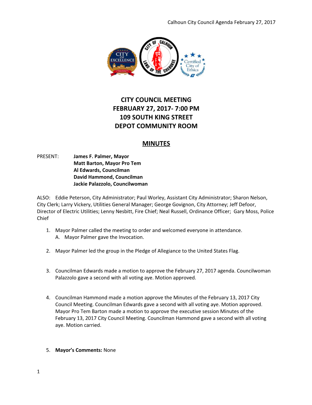 Calhoun City Council Agenda February 27, 2017