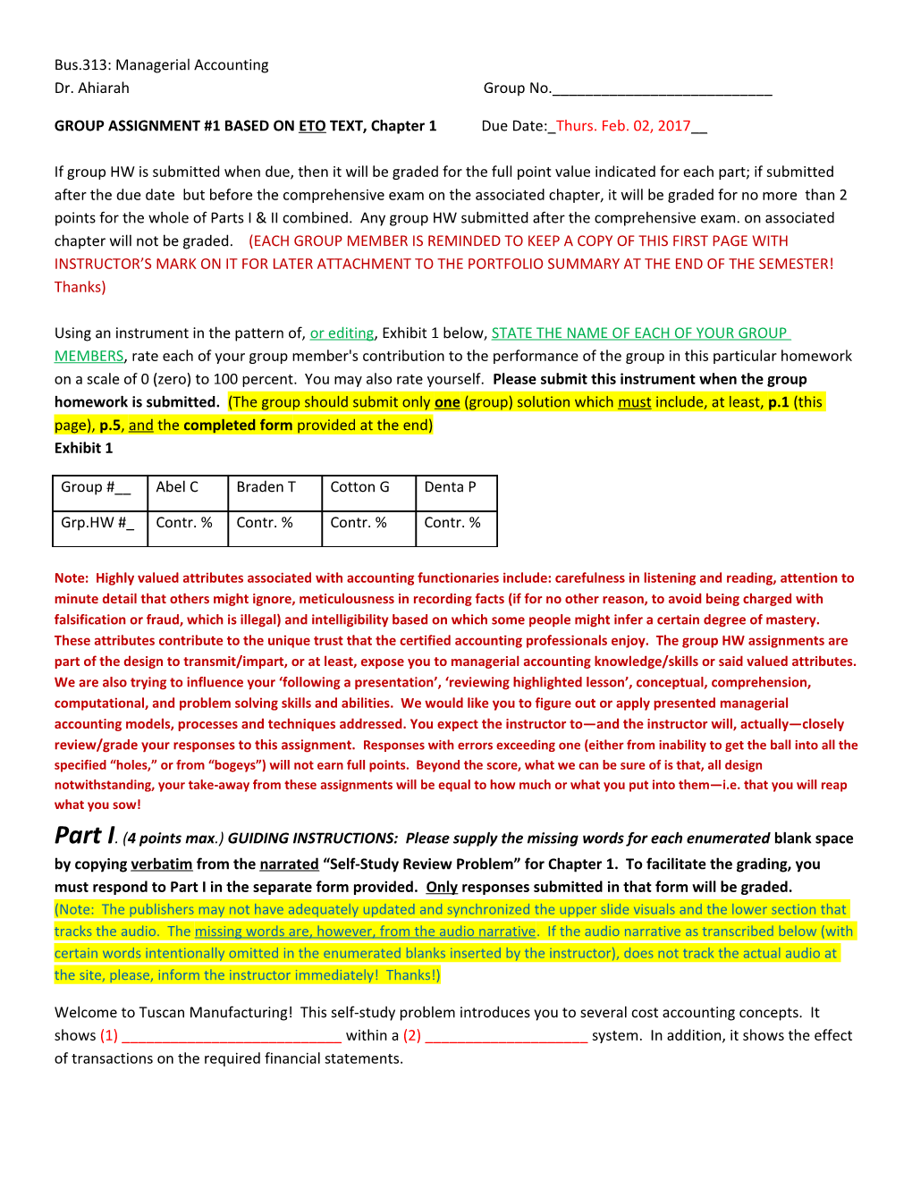 Bus.313: Managerial Accounting Dr. Ahiarah Group No.______