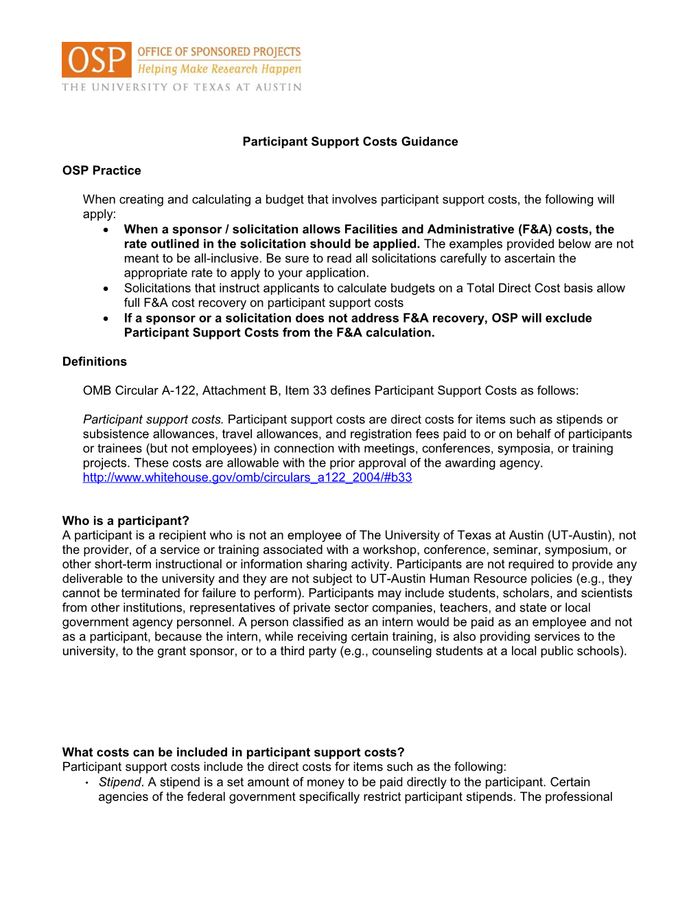 Participant Support Costs Guidance