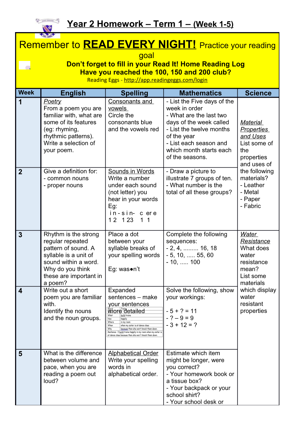 Year 2 Homework Term 1 (Week 1-5)