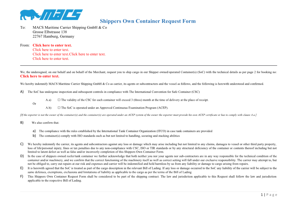 Shippers Own Container Request Form