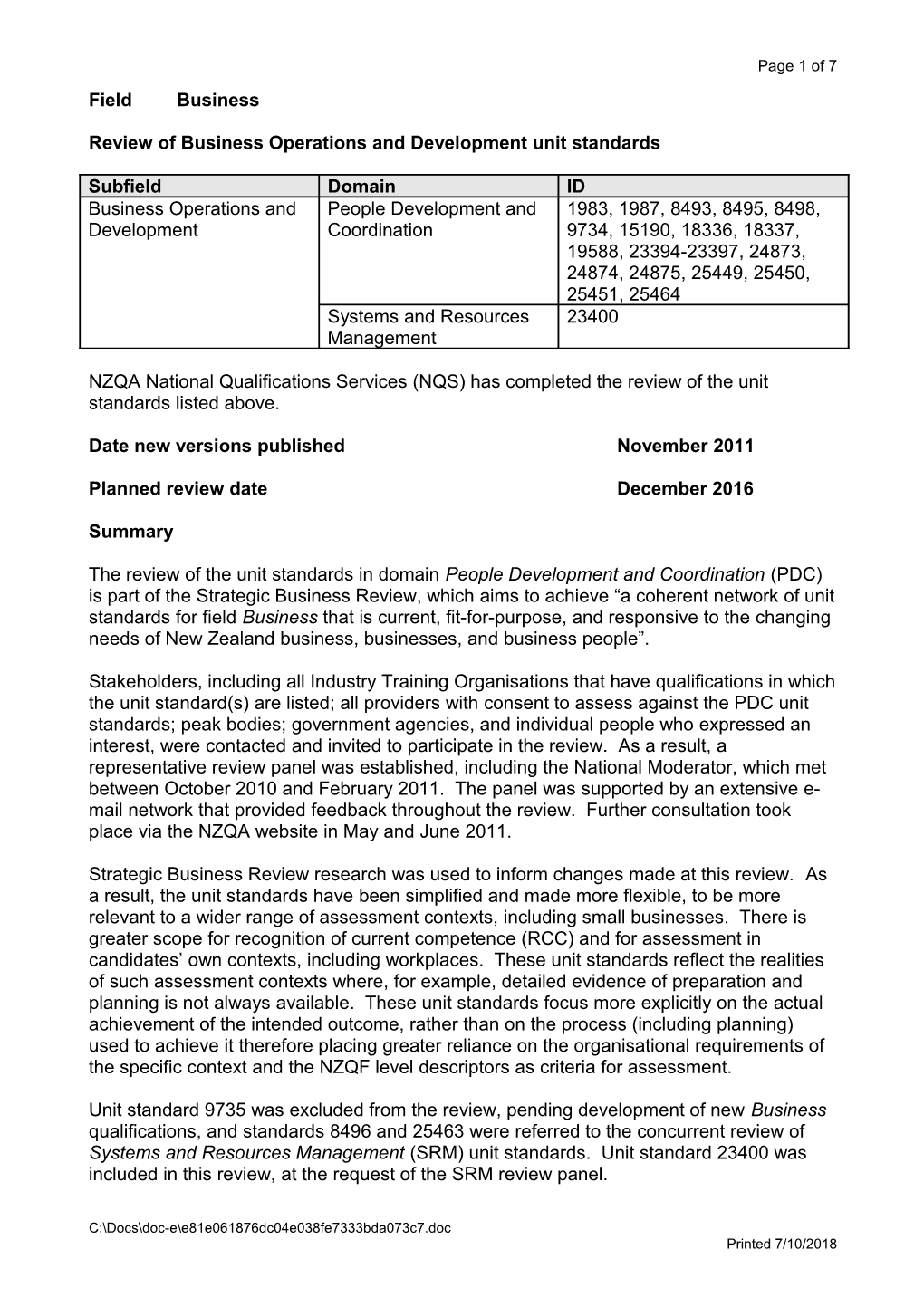 Review of Business Operations and Development Unit Standards