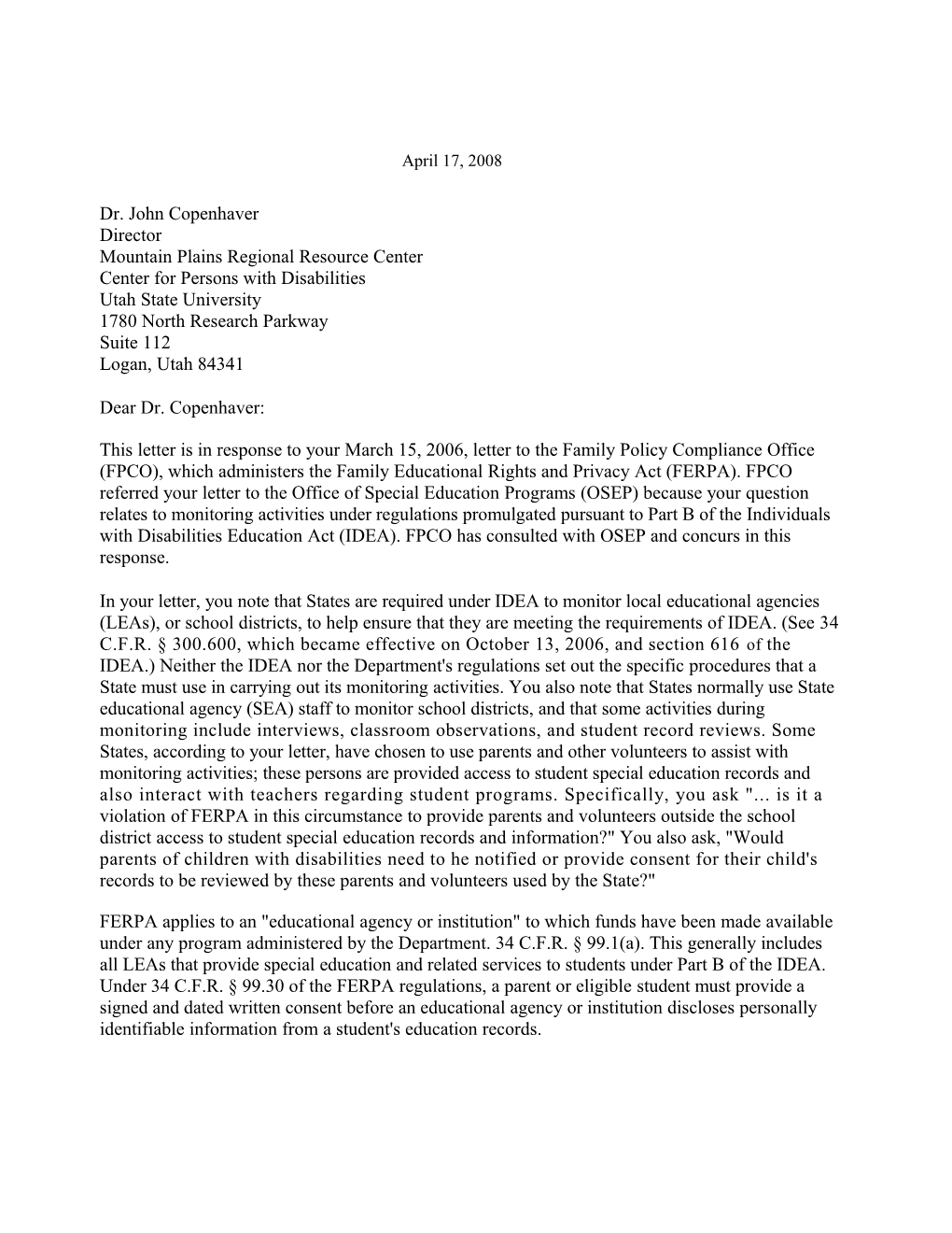 Copenhaver Letter Dated 04/17/08 Re: Confidentiality of Information (MS Word)