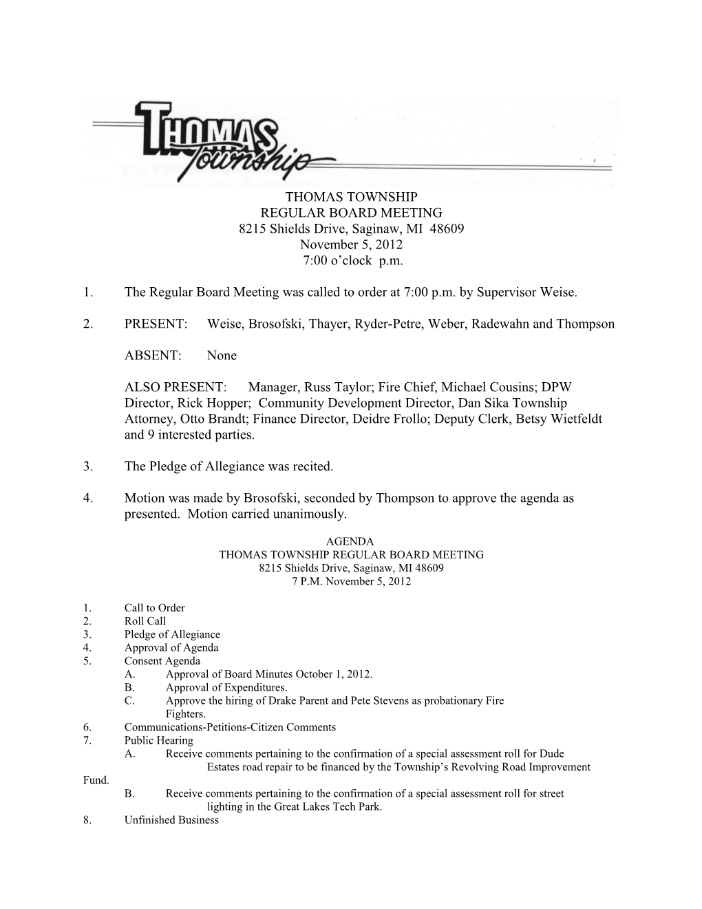 Thomas Township Board Meeting November 2012