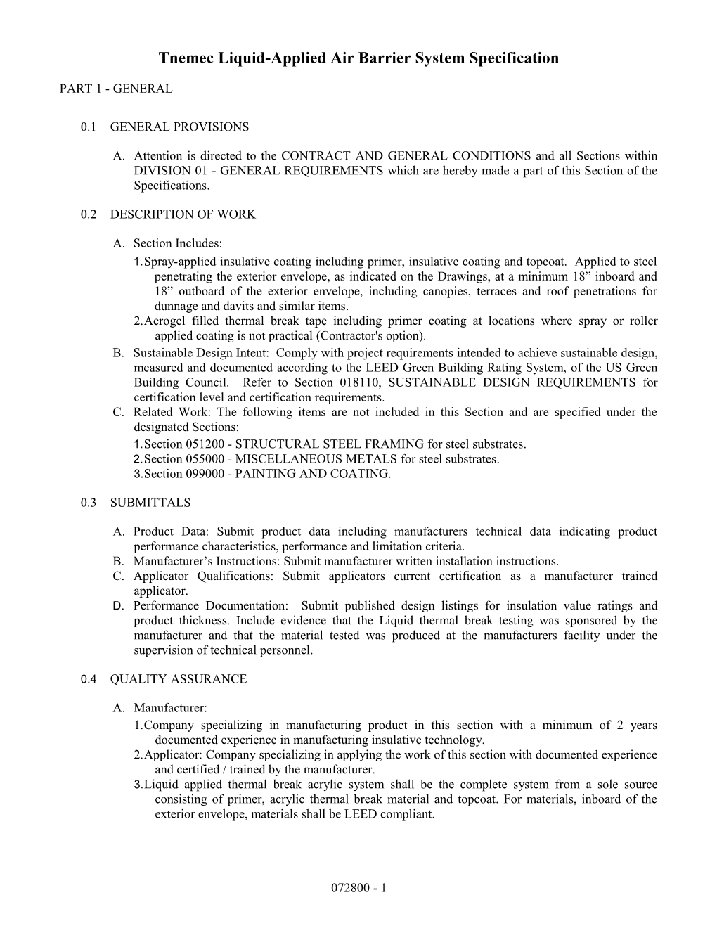 Tnemec Liquid-Applied Air Barrier System Specification