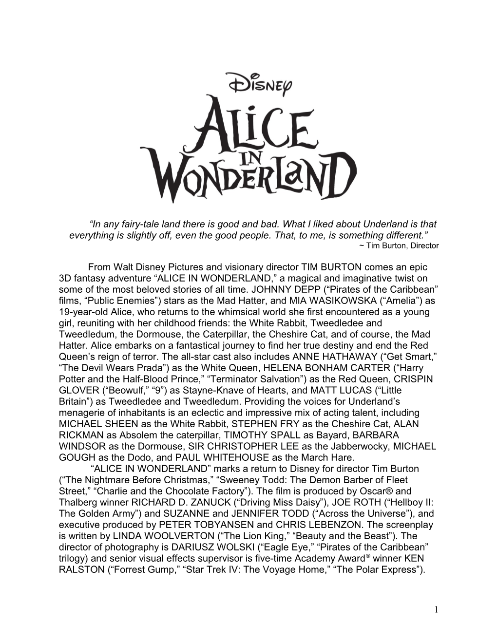 Alice in Wonderland Production Notes