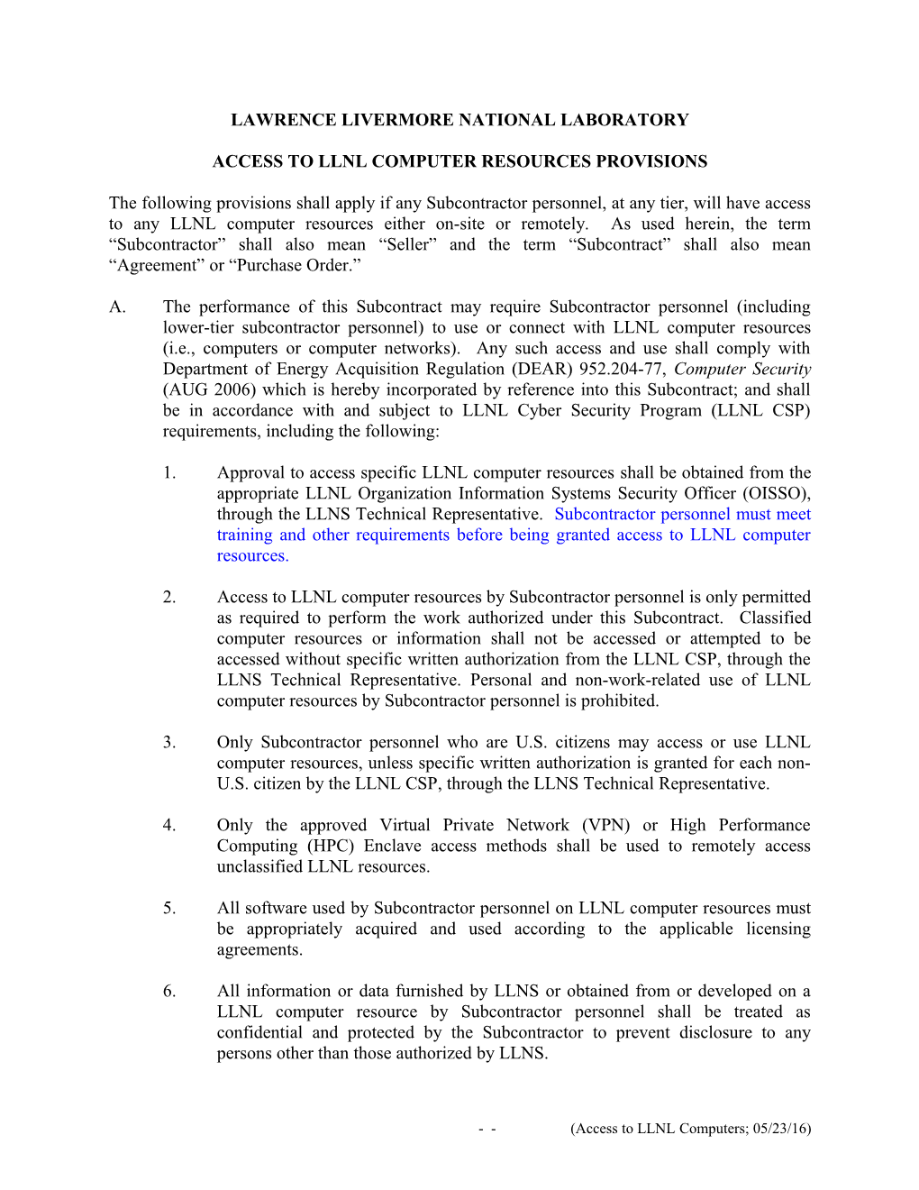 Access to LLNL Computer Resources Provisions