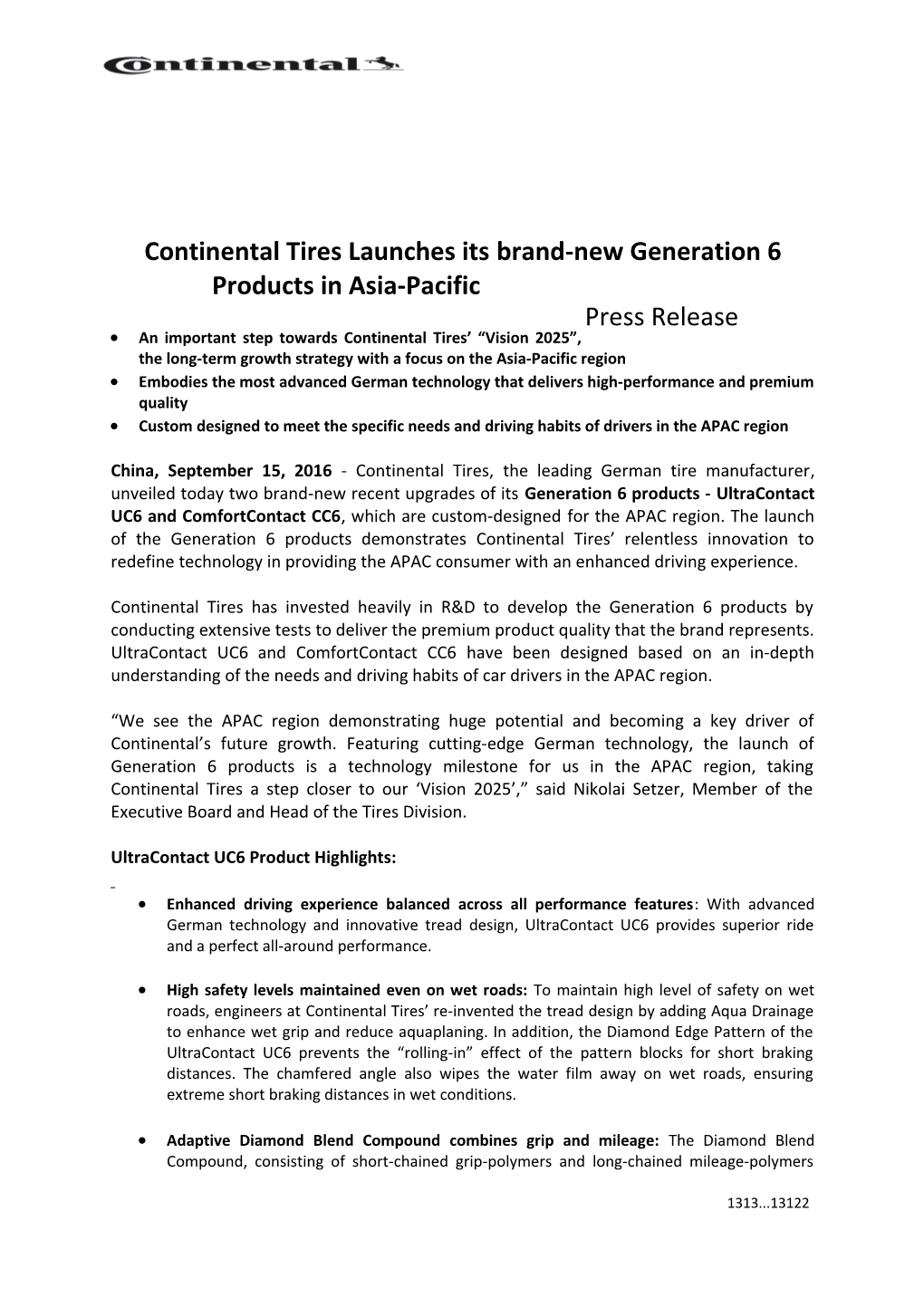 Continental Tires Launches Its Brand-New Generation 6 Products in Asia-Pacific