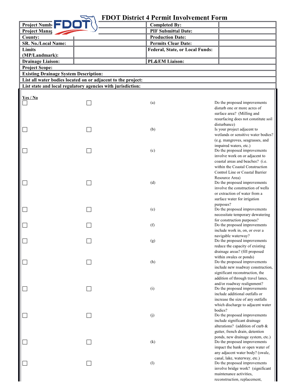 FDOT District 4 Permit Involvement Form