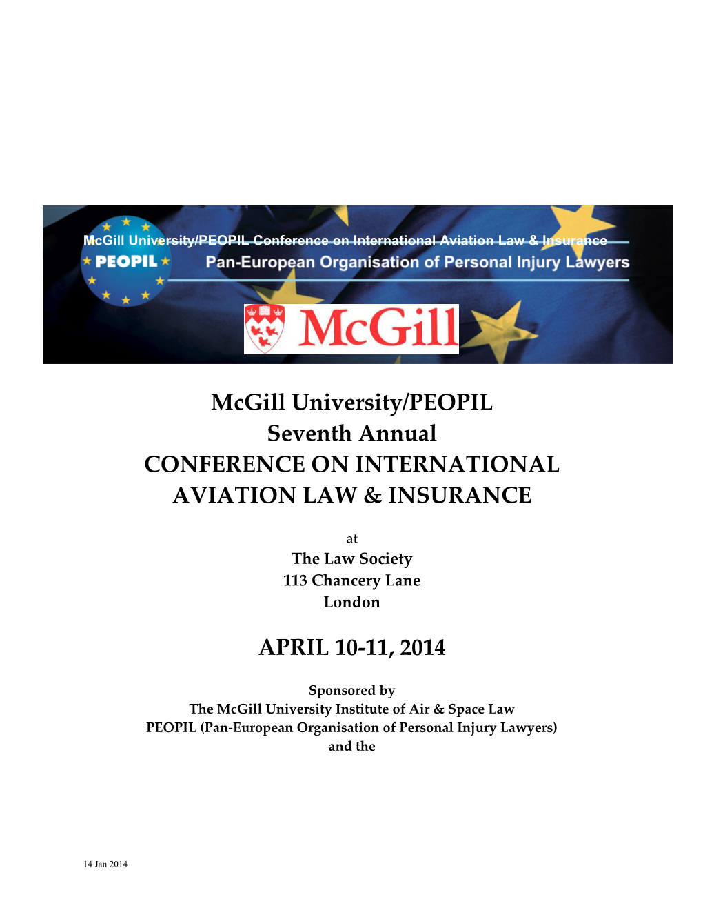 Mcgill University/PEOPIL Conference on International Aviation Law & Insurance
