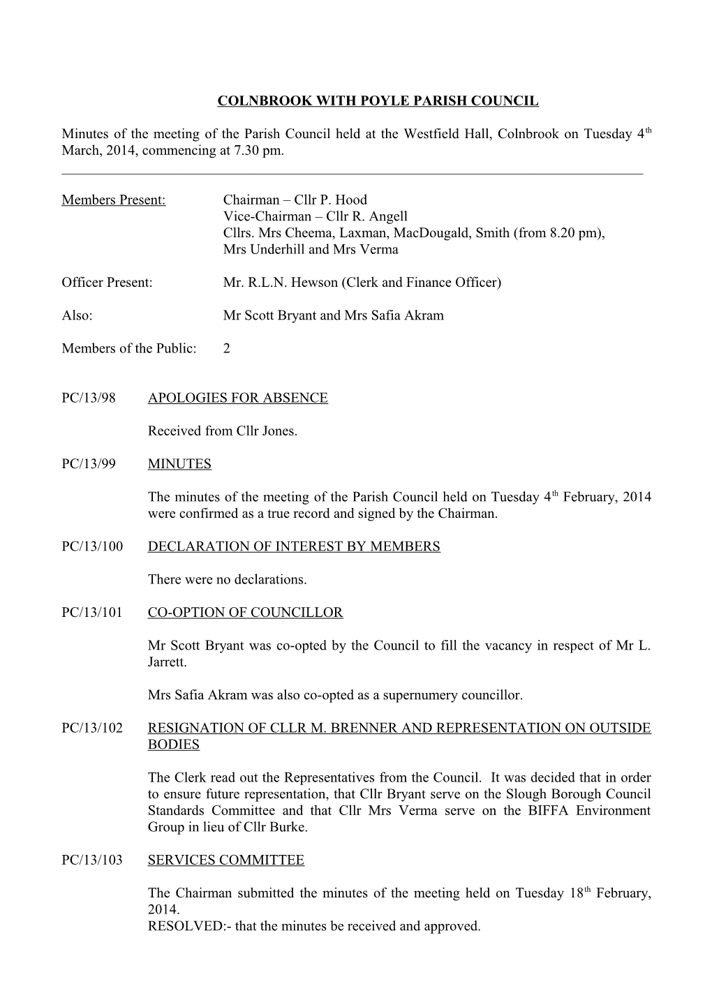 PC Meeting Minutes 4 March 2014