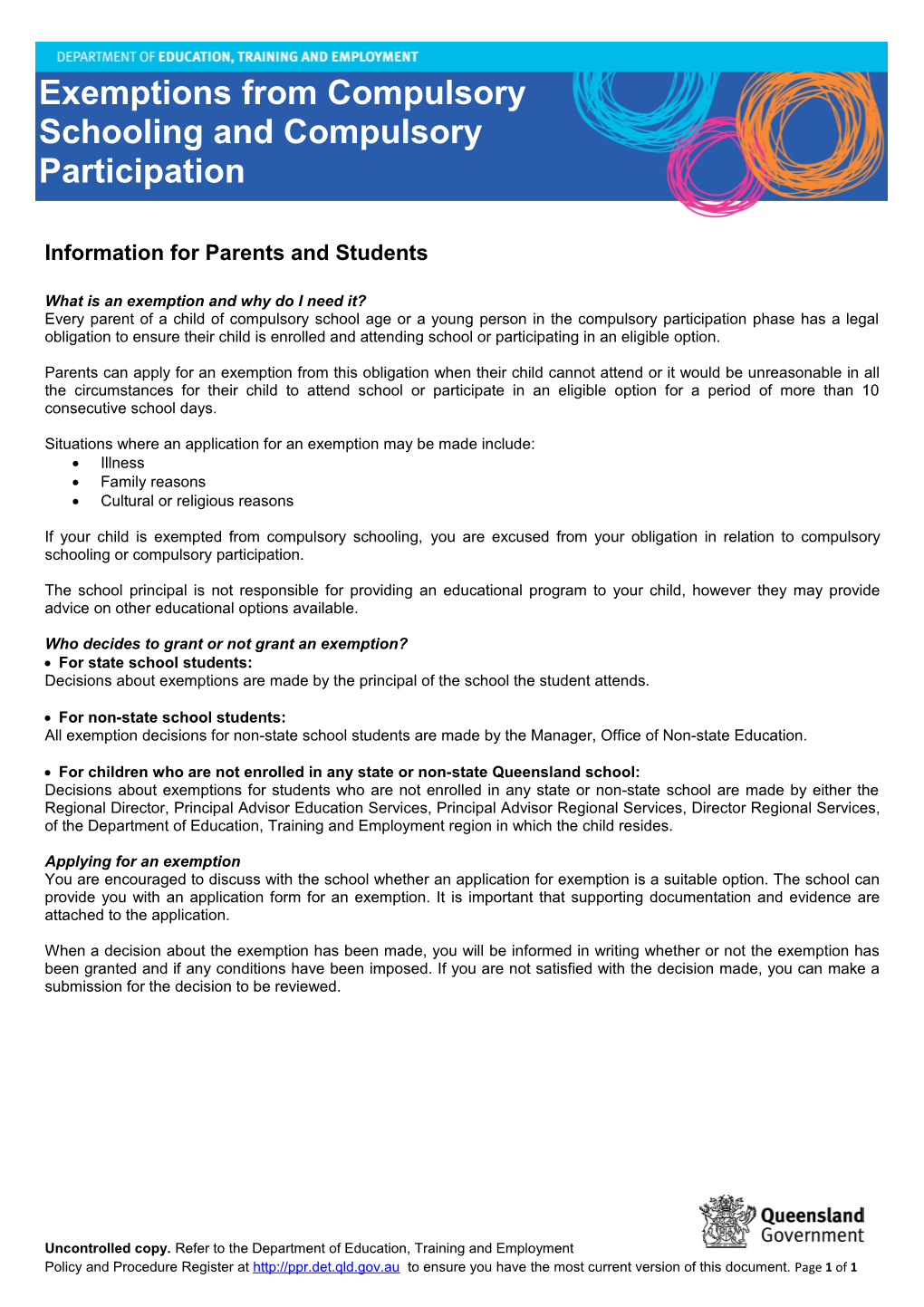 Information for Parents/Students - Exemptions from Compulsory Schooling and Compulsory