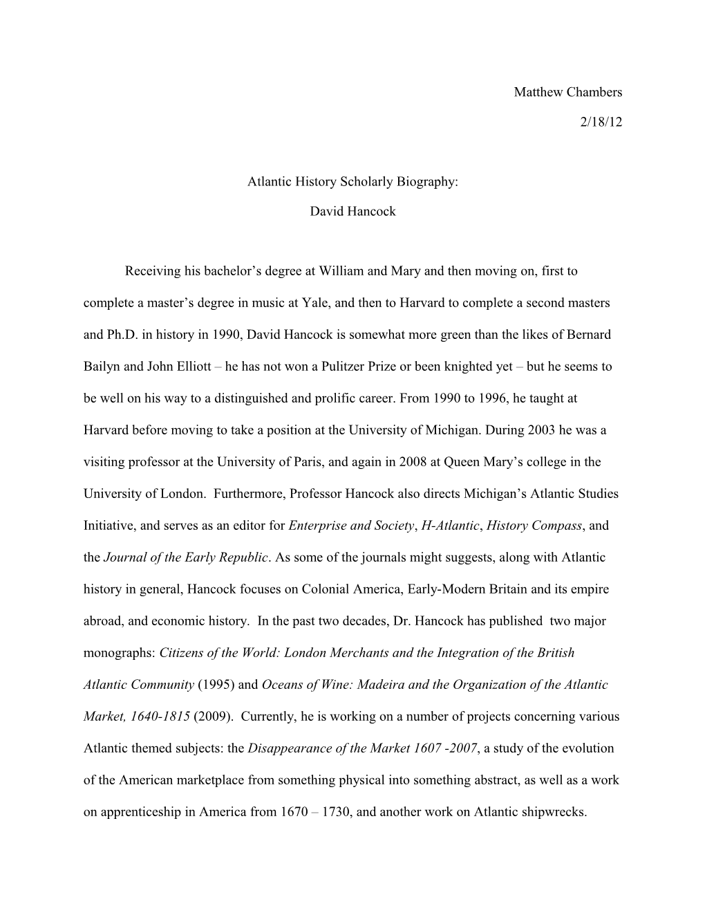 Atlantic History Scholarly Biography