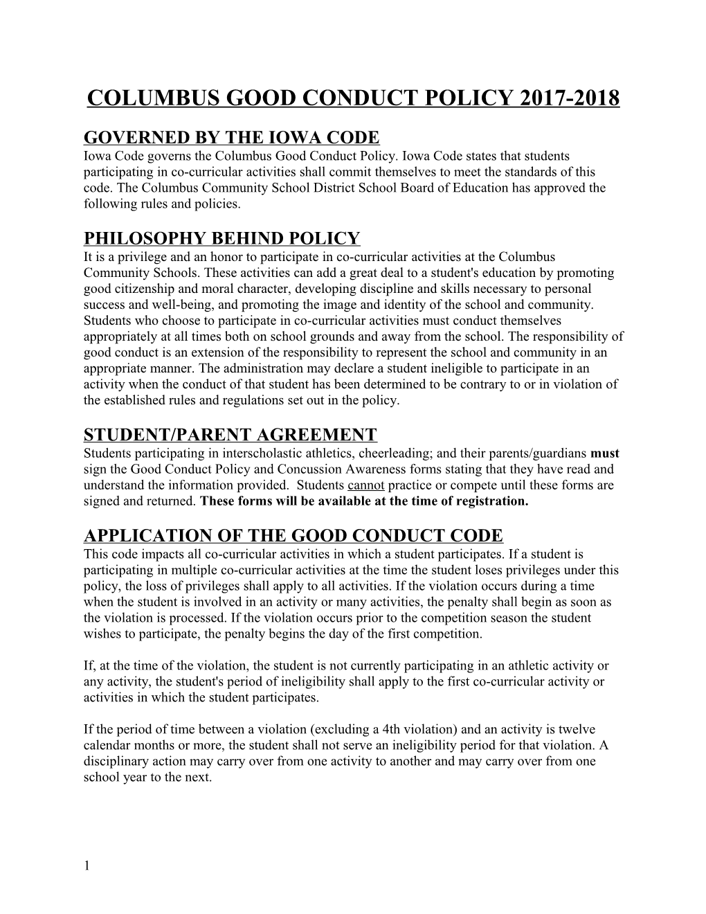 Columbus Good Conduct Policy 2017-2018
