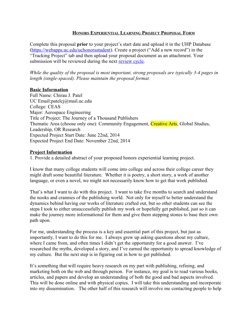 Honors Experiential Learning Project Proposal Form