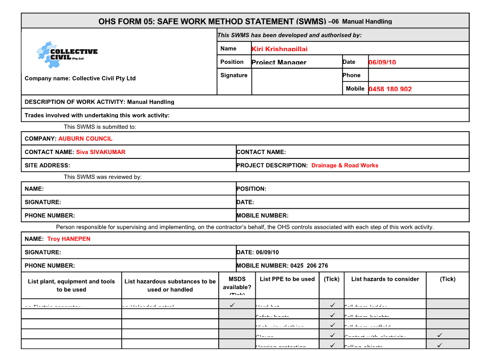 Form 05 - Safe Work Method Statement