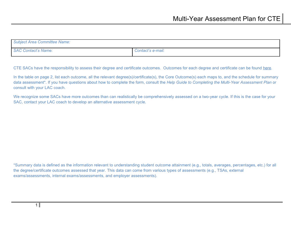 Annual Plan for Assessment of Outcomes CTE