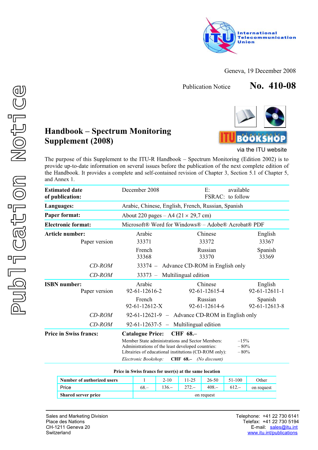 Publication Notice No. 410-08 Supplement Handbook Spectrum Monitoring (Edition 2008)