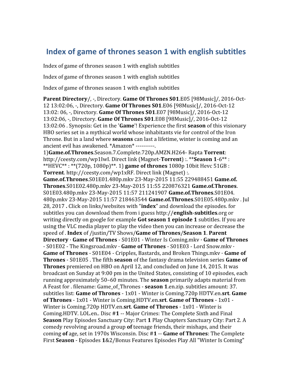 Index of Game of Thrones Season 1 with English Subtitles