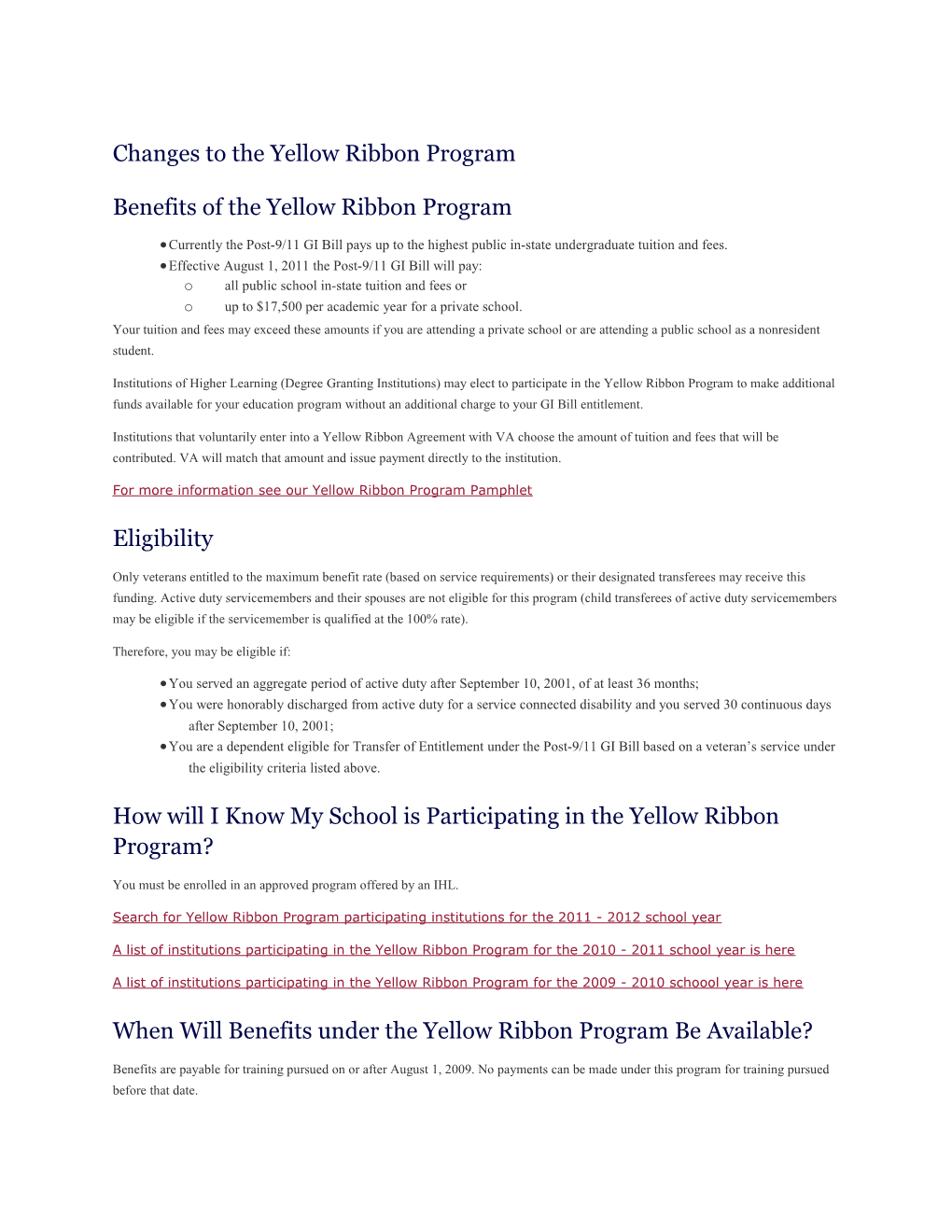 Changes to the Yellow Ribbon Program