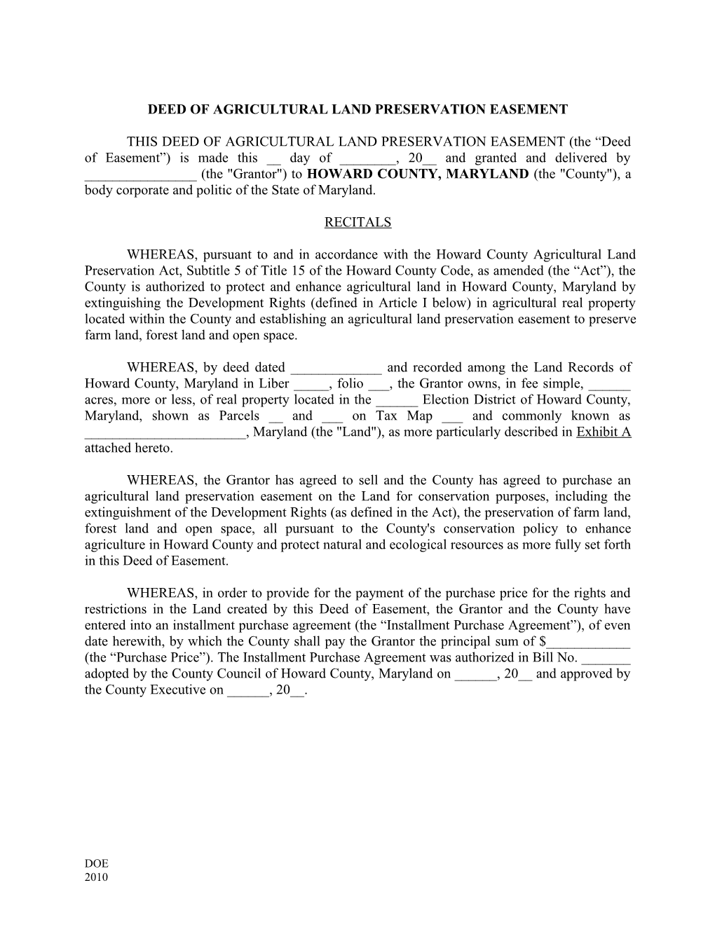 Deed of Agricultural Land Preservation Easement