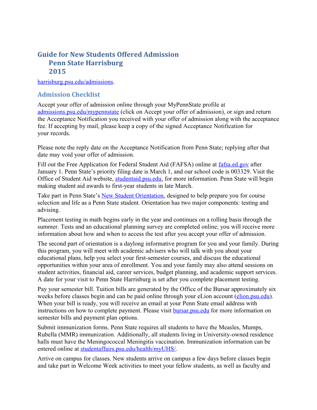 Guide for New Students Offered Admissionpenn State Harrisburg2015