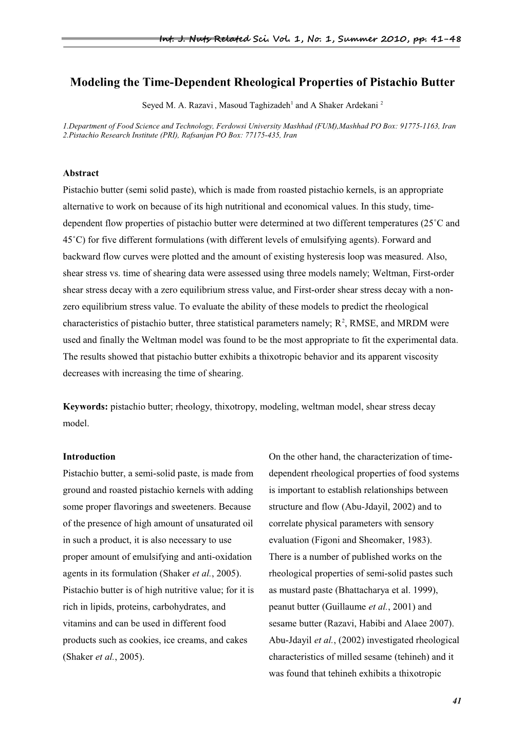 Modeling the Time- Dependent Rheological Behavior of Pistachio Butter