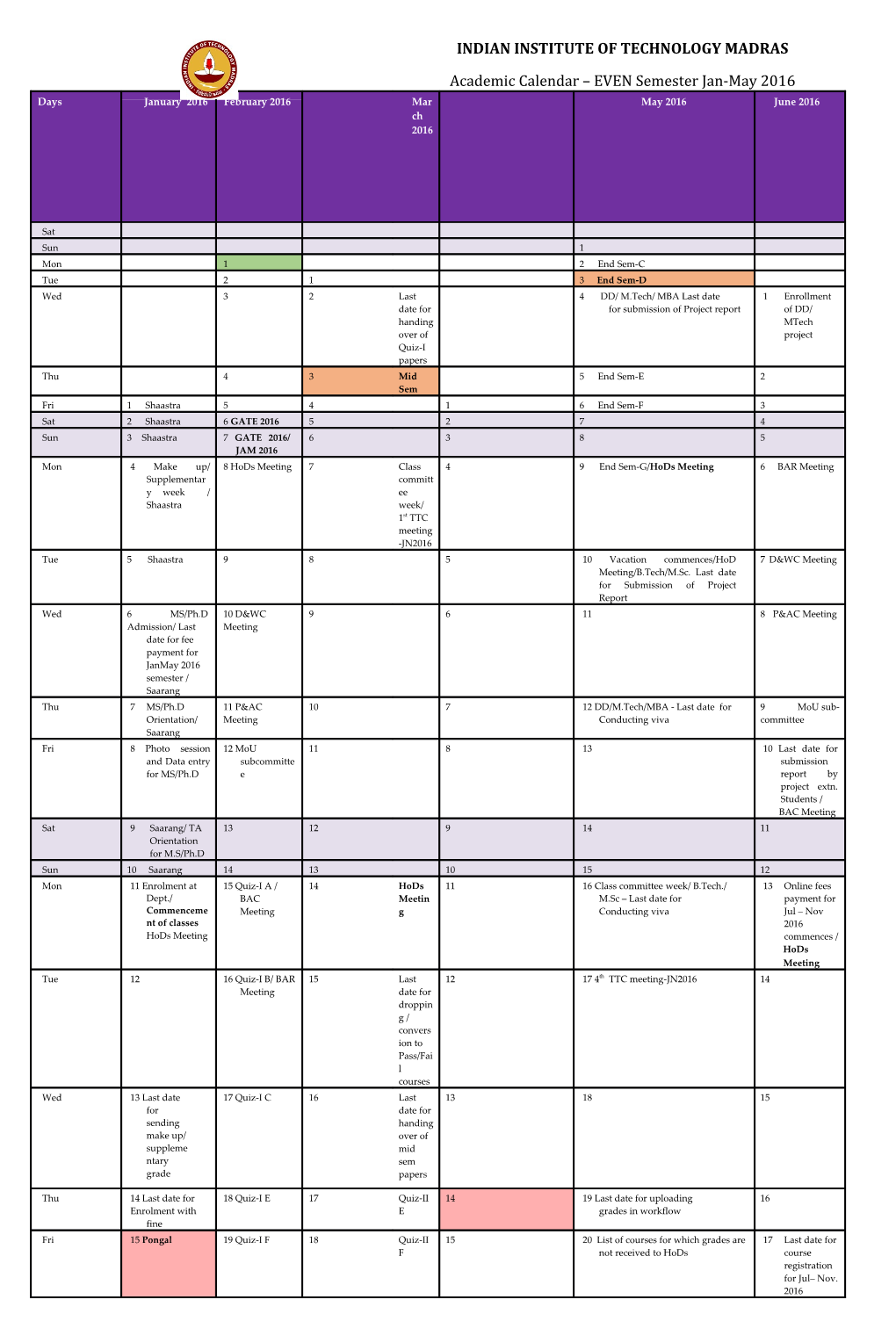 Academic Calendar EVEN Semester Jan-May 2016