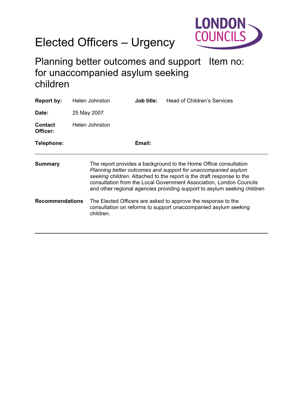 Planning Better Outcomes and Support for Unaccompanied Asylum Seeking Children