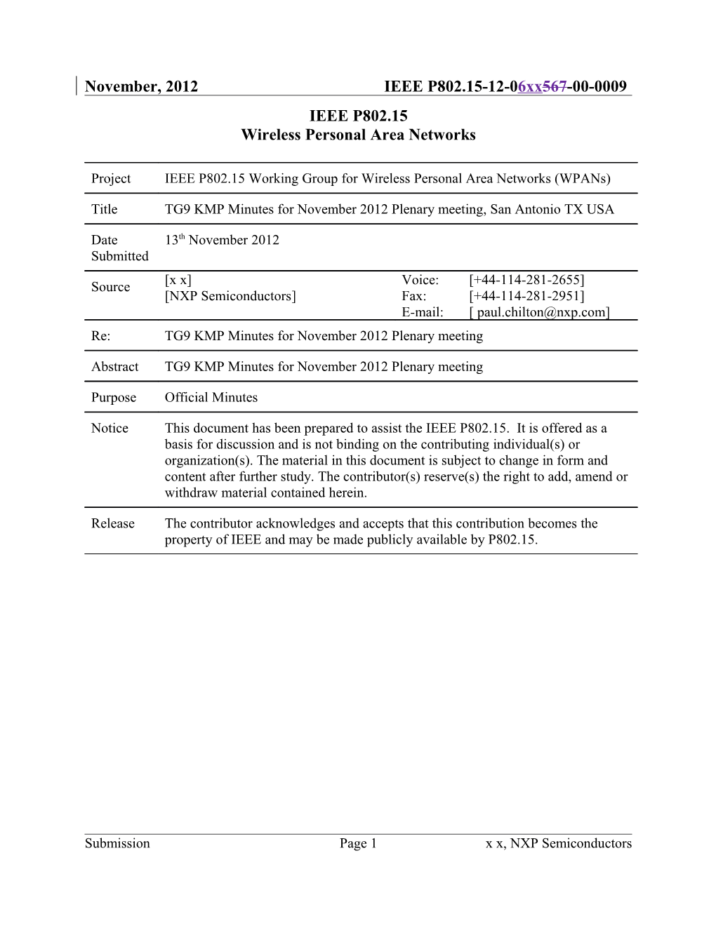 TG9 KMP Minutes for November 2012 Plenary Meeting, San Antonio TX USA