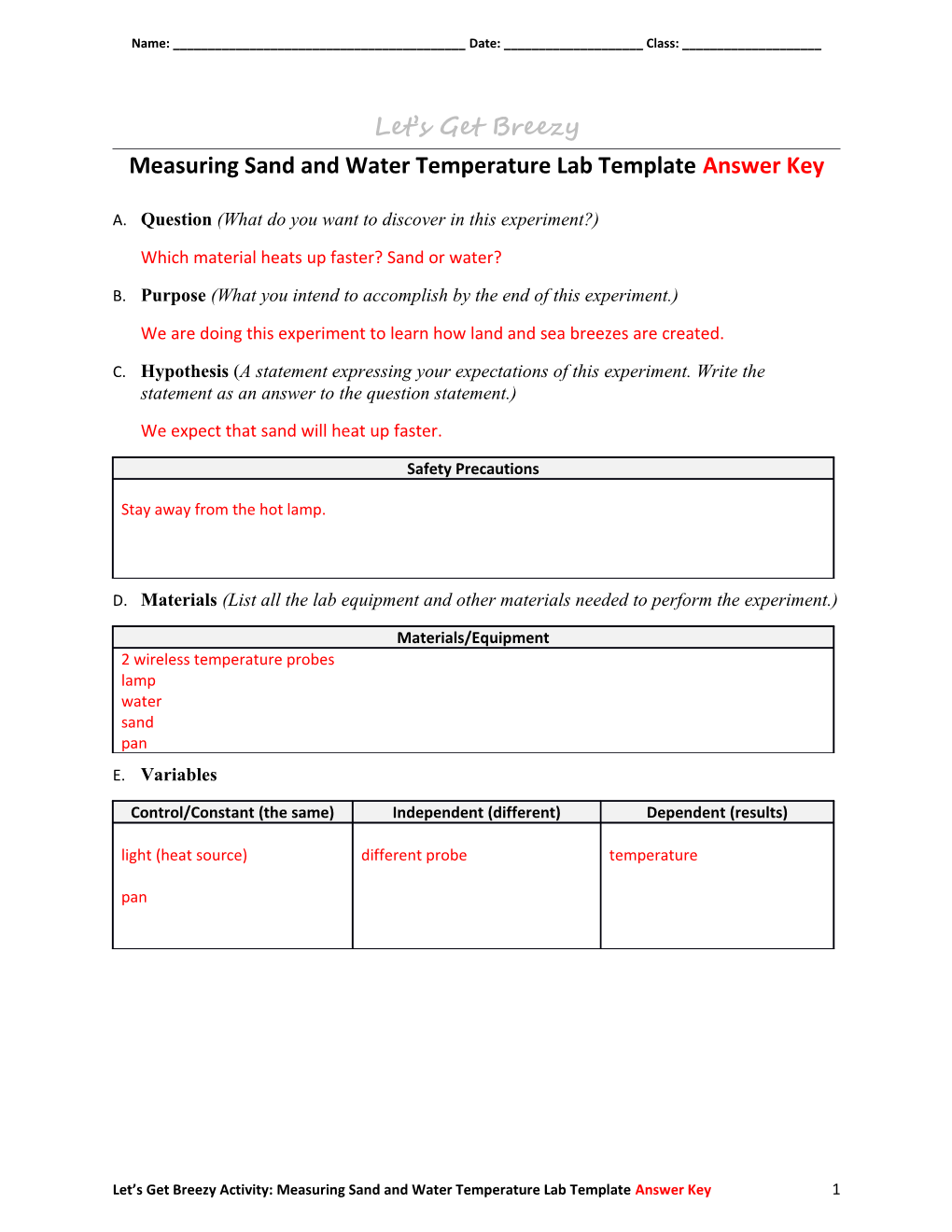 Measuring Sand and Water Temperature Lab Template Answer Key