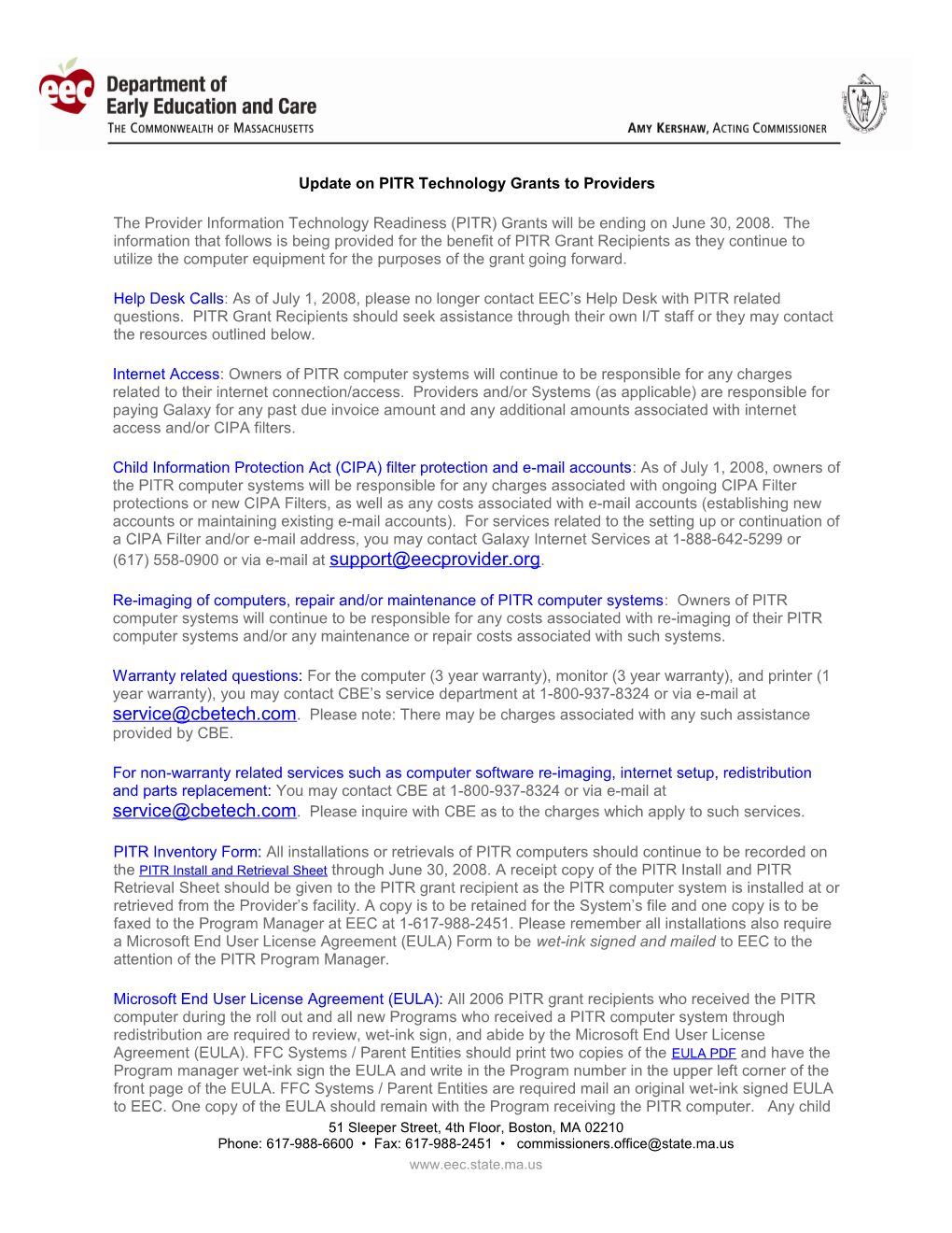 Update on PITR Technology Grants to Providers