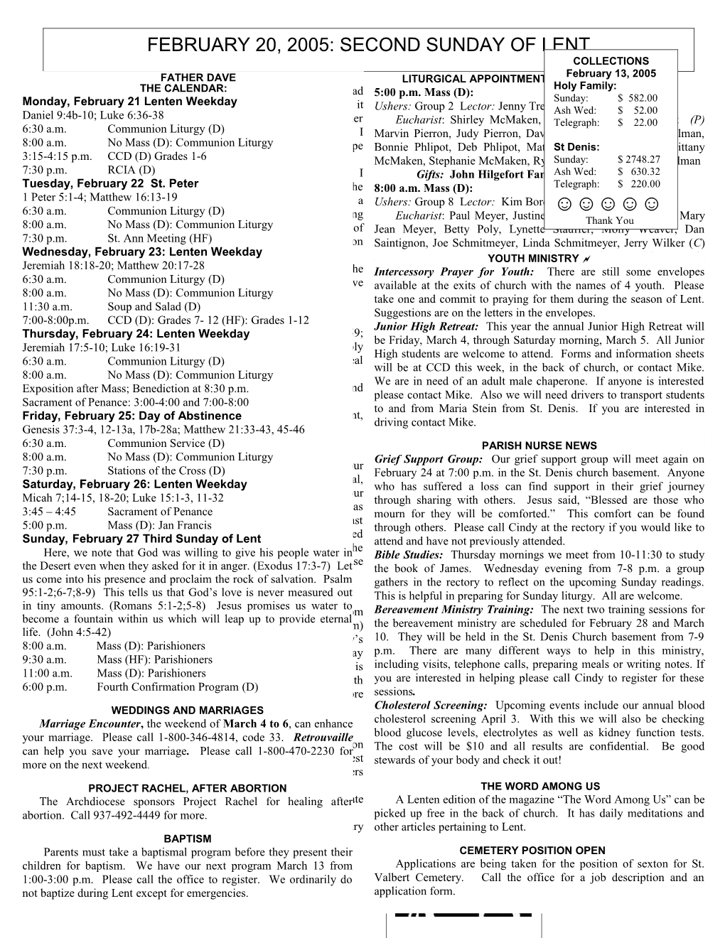 LITURGICAL APPOINTMENTS February 26 & 27, 2005