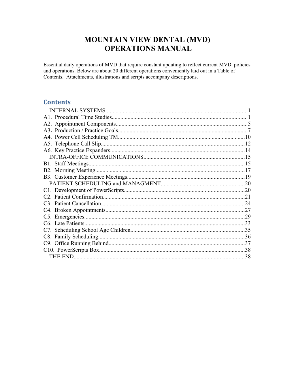 Mountain View Dental (Mvd) Operations Manual