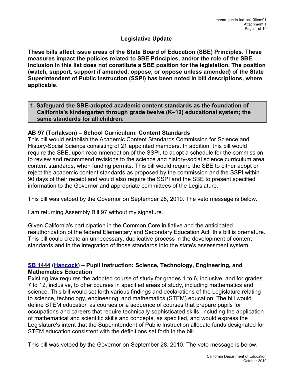 October 2010 Memorandum Item 5 Attachment 1 - Information Memorandum (CA State Board Of