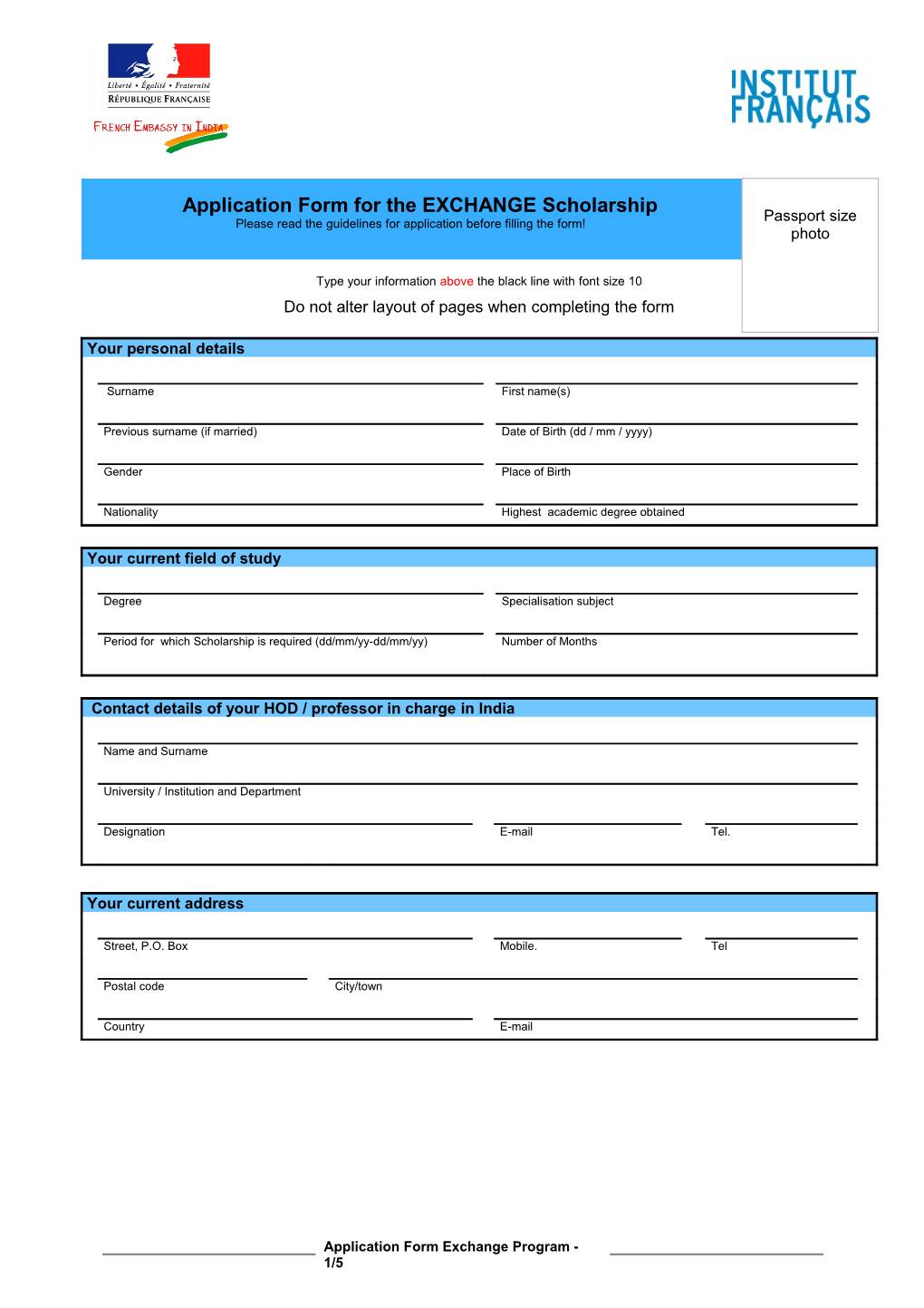 Application Form for the EXCHANGE Scholarship