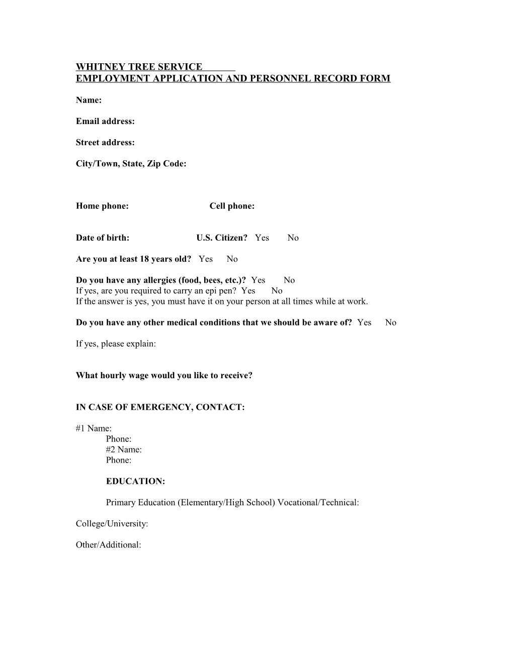 Whitney Tree Service Employment Application and Personnel Record Form