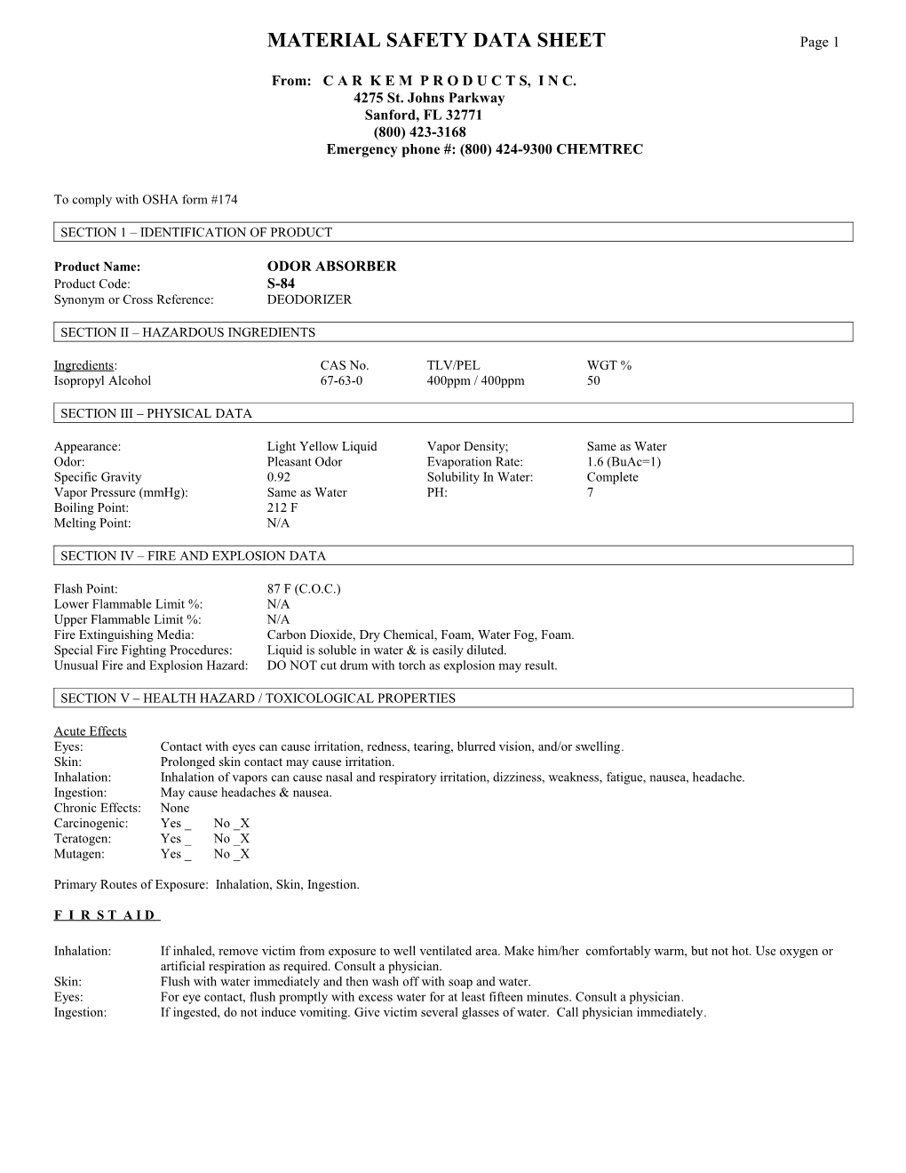 MATERIAL SAFETY DATA SHEET Page 1