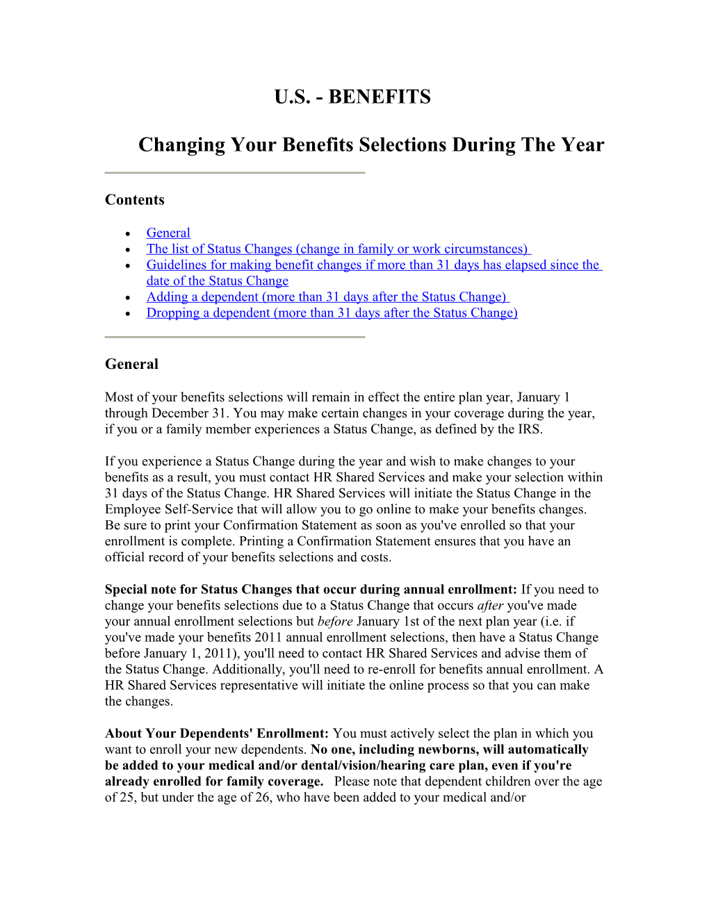 U.S. - BENEFITS Changing Your Benefits Selections During the Year