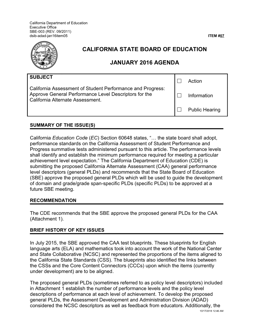 January 2016 Agenda Item 07 - Meeting Agendas (CA State Board of Education)