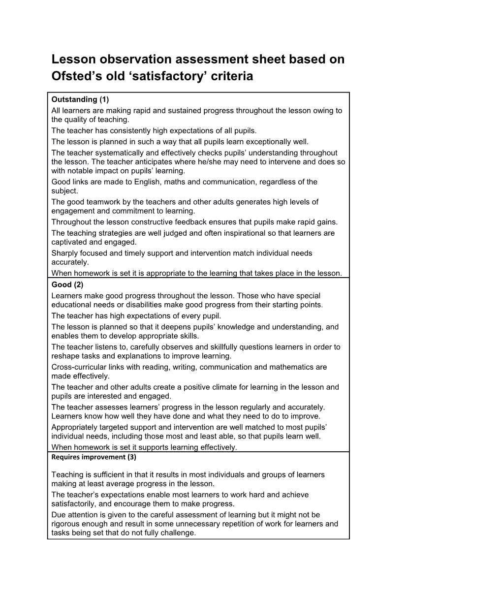 Lesson Observation Assessment Sheet Based on Ofsted S Old Satisfactory Criteria