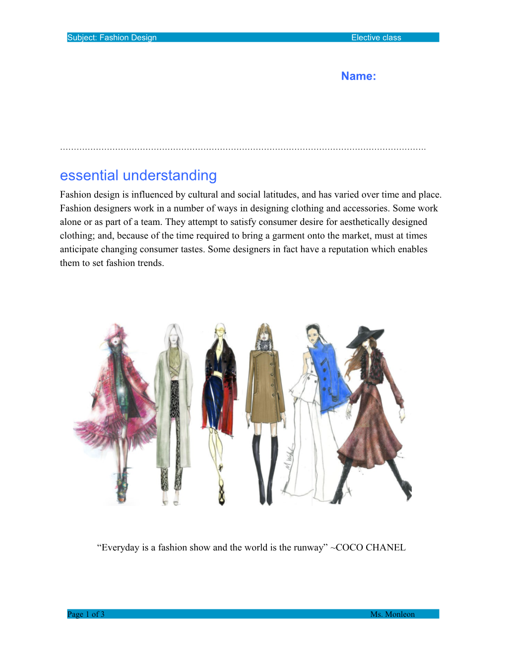 Subject: Fashion Design Elective Class