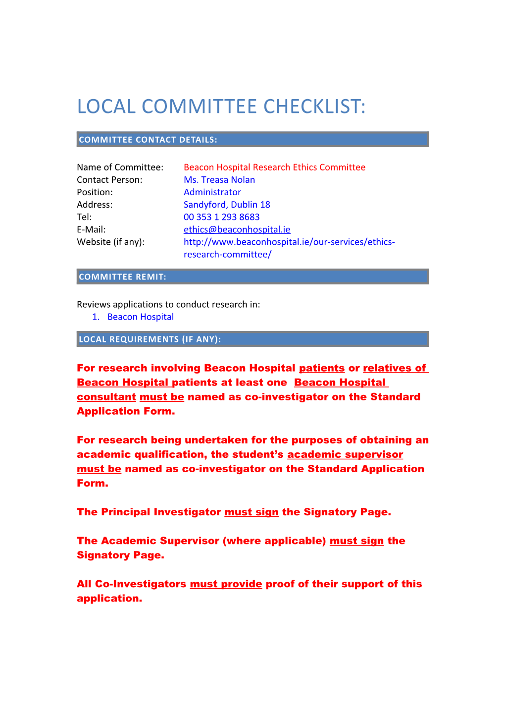 Local Committee Checklist