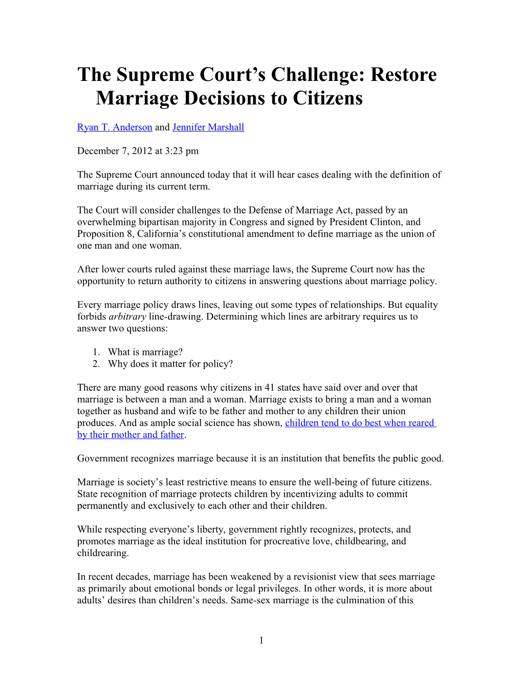 The Supreme Court S Challenge: Restore Marriage Decisions to Citizens