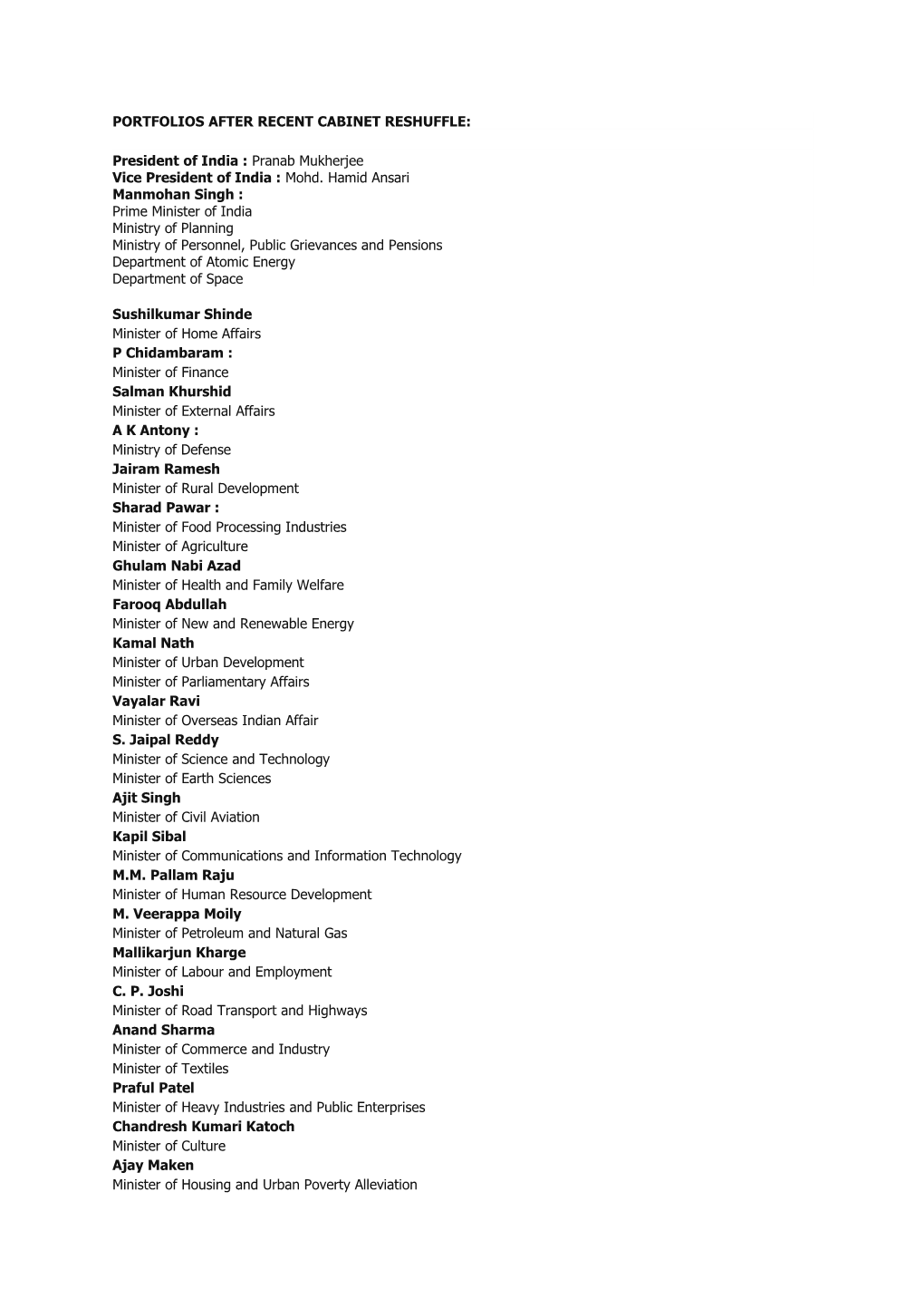 Portfolios After Recent Cabinet Reshuffle