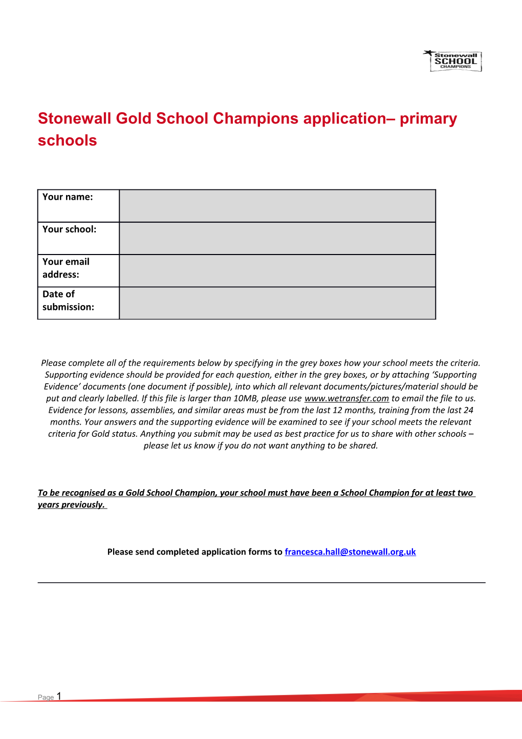 Stonewall Goldschool Champions Application Primary Schools