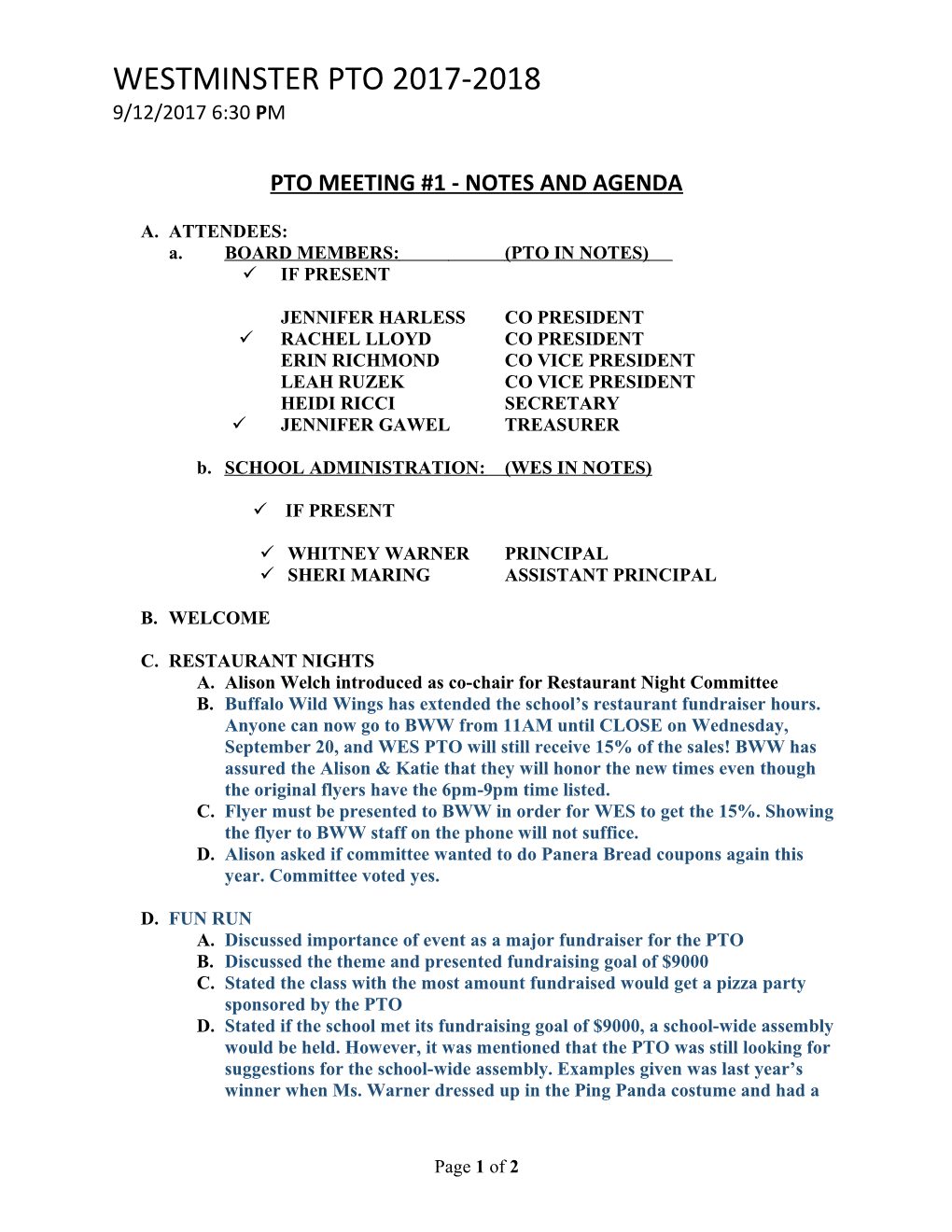 Pto Meeting #1 - Notes and Agenda