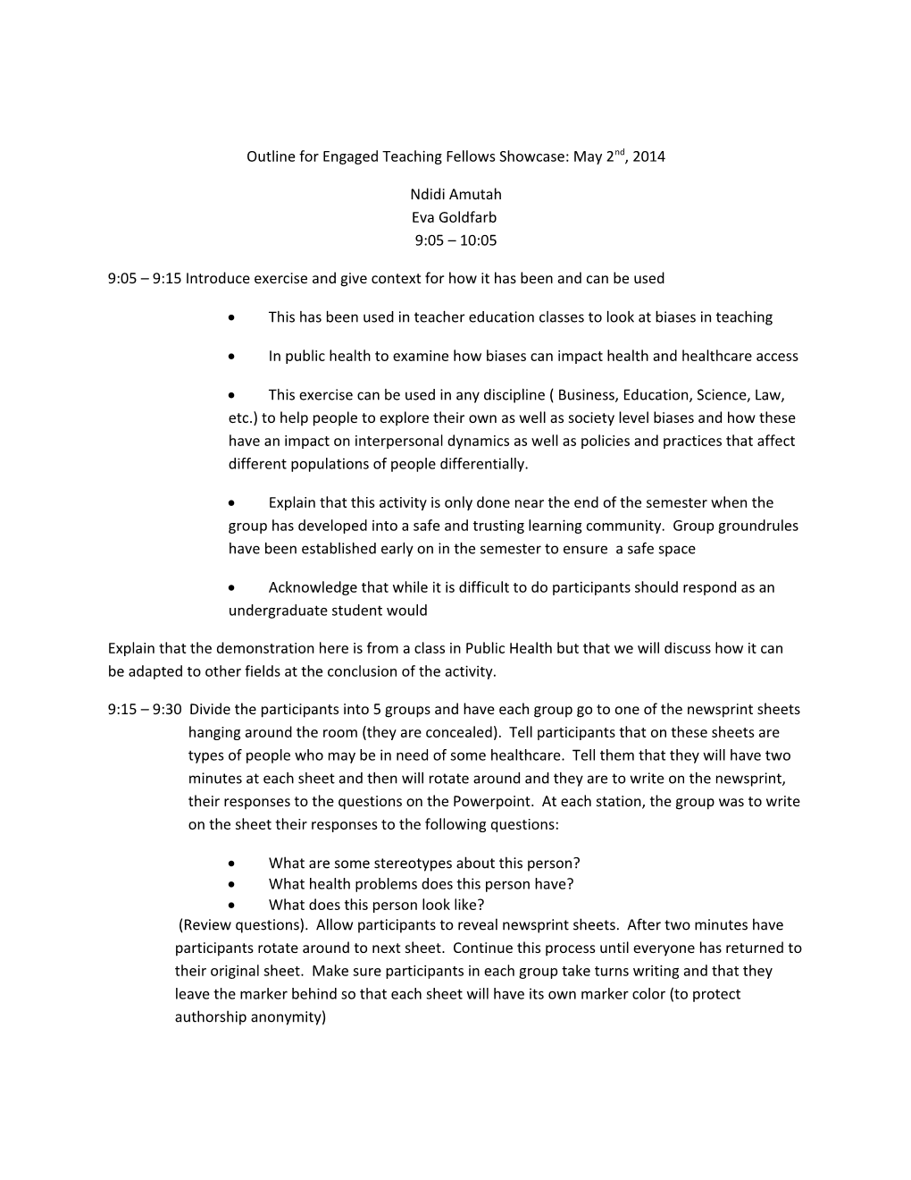 Outline for Engaged Teaching Fellows Showcase: May 2Nd, 2014